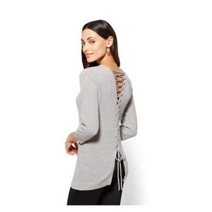 New York & Co Lace-up Back Sweater in Heather Gray - Size Small